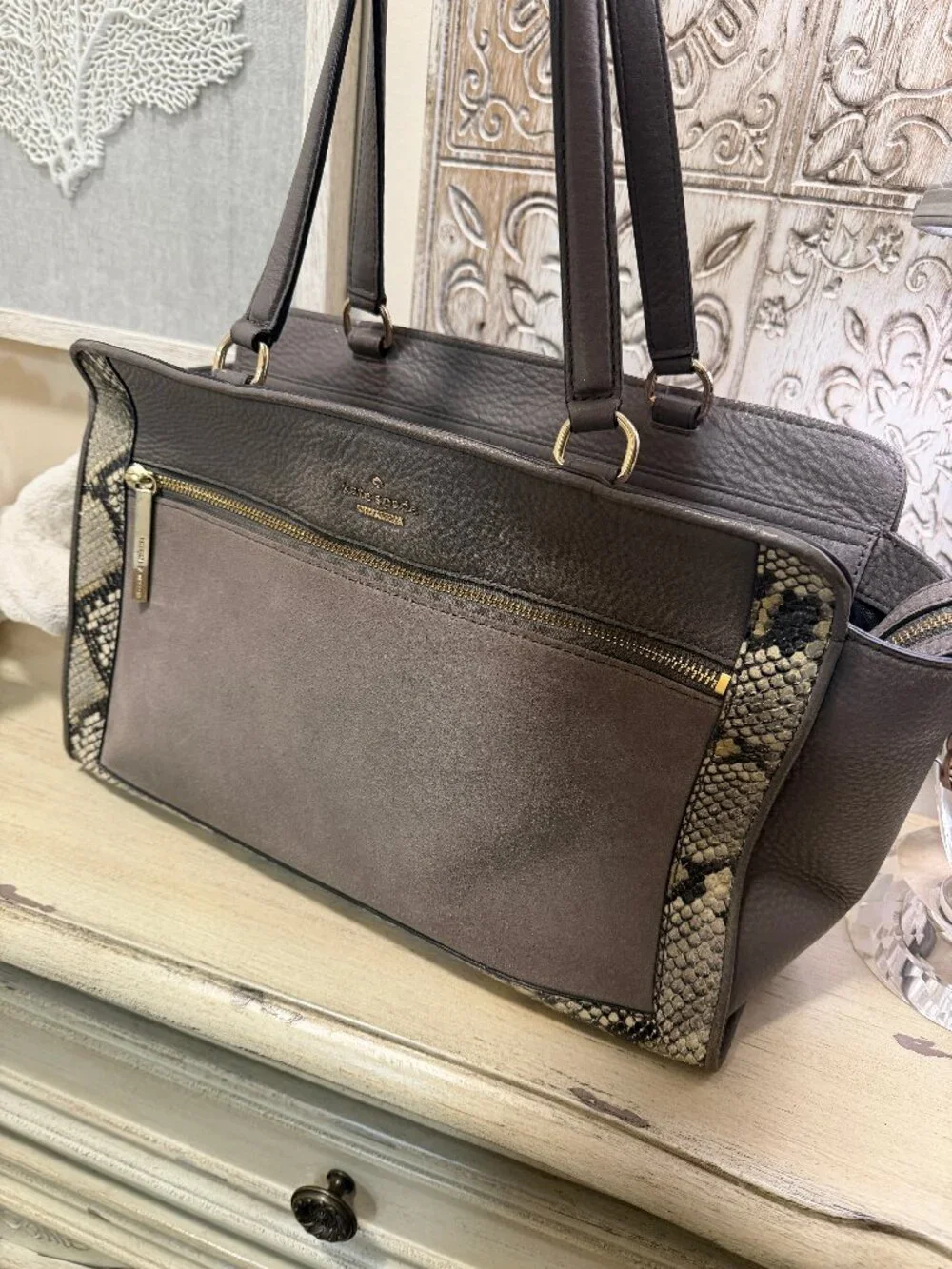 Kate Spade Gray Tote Bag with Snakeskin Print & Gold Hardware